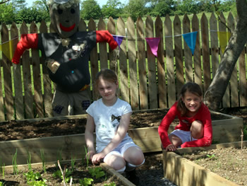 Girls planting flowers in garden of St. Aidans NS Ballintrillick